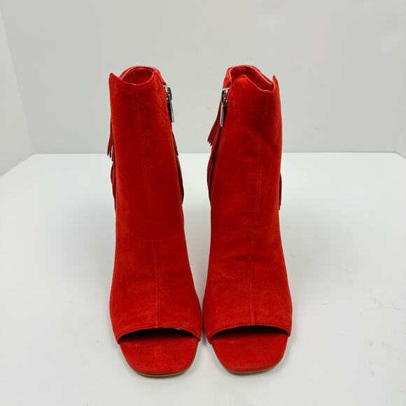 NEW Vince Camuto Amenala Bright Red Faux Suede Western Fringe Peep Toe Bootie - Picture 3 of 14